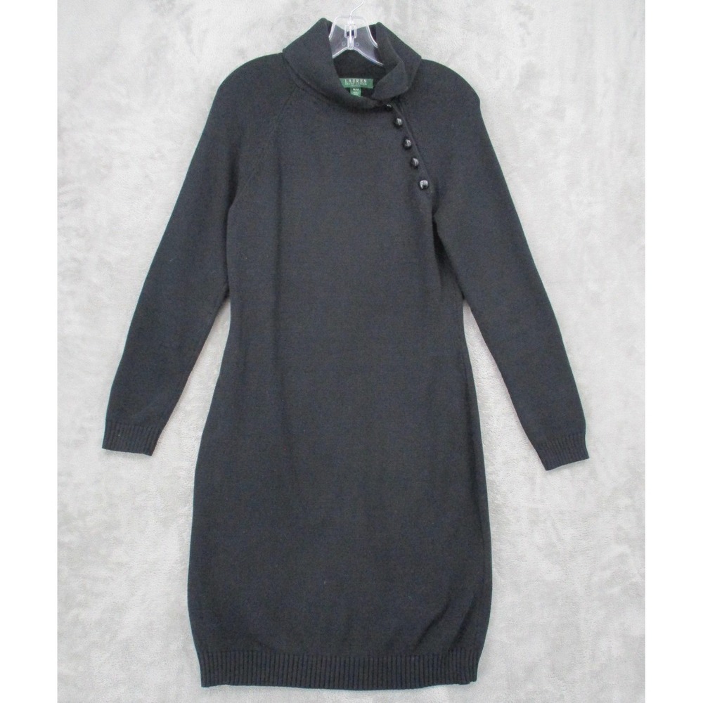 Ralph Lauren LRL Sweater Dress Medium Cowl Neck Button Elbow Patch Chunky Knit